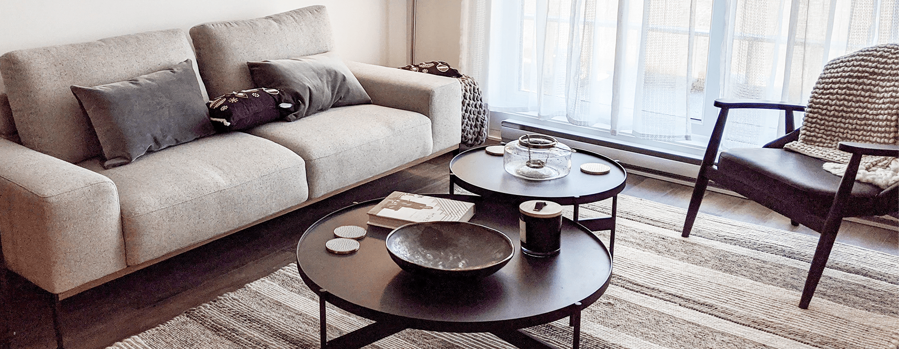 lifestyle image of a couch and decor in a bright living room
